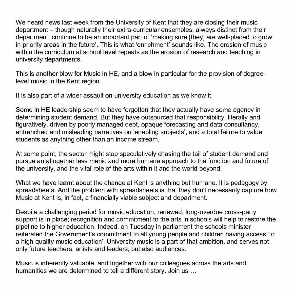 MusicHE (@musichighered) on Twitter photo MusicHE’s statement on University of Kent’s decision to close their music department.
<a href="/UniKent/">University of Kent</a> <a href="/UniKent_Music/">Uni Kent Music</a> <a href="/UniKentArts/">School of Arts</a> #musiceducation #music #musiche #highereducation #he MusicHE’s statement on University of Kent’s decision to close their music department.
<a href="/UniKent/">University of Kent</a> <a href="/UniKent_Music/">Uni Kent Music</a> <a href="/UniKentArts/">School of Arts</a> #musiceducation #music #musiche #highereducation #he