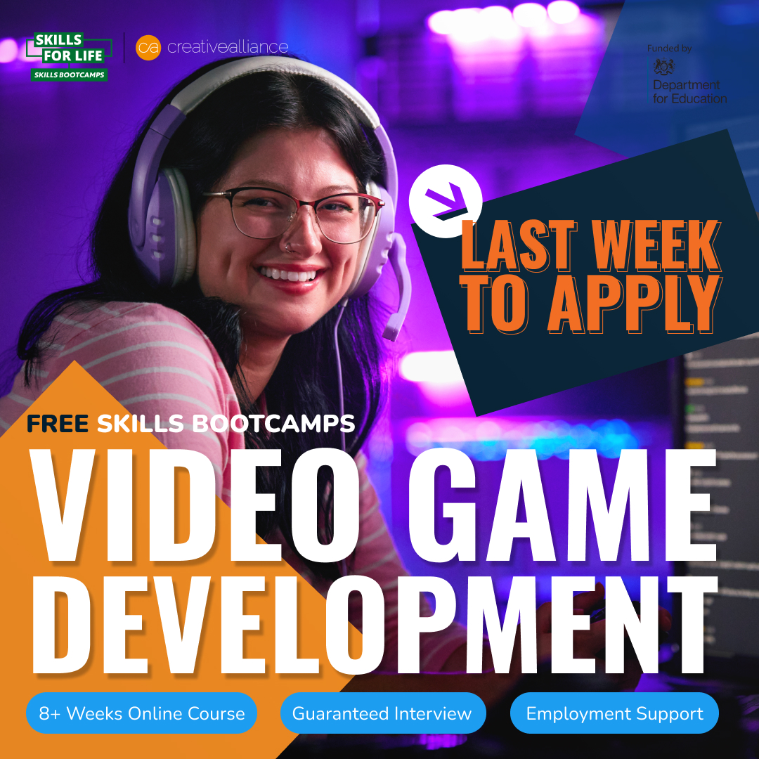 📢 Last chance to apply for our video Game Development Skills Bootcamp! Learn about game design, programming or arts and build your very own video game. creativealliance.org.uk/upskilling/ski… Grab your FREE place today! #videogames #ukgaming #skillsbootcamps