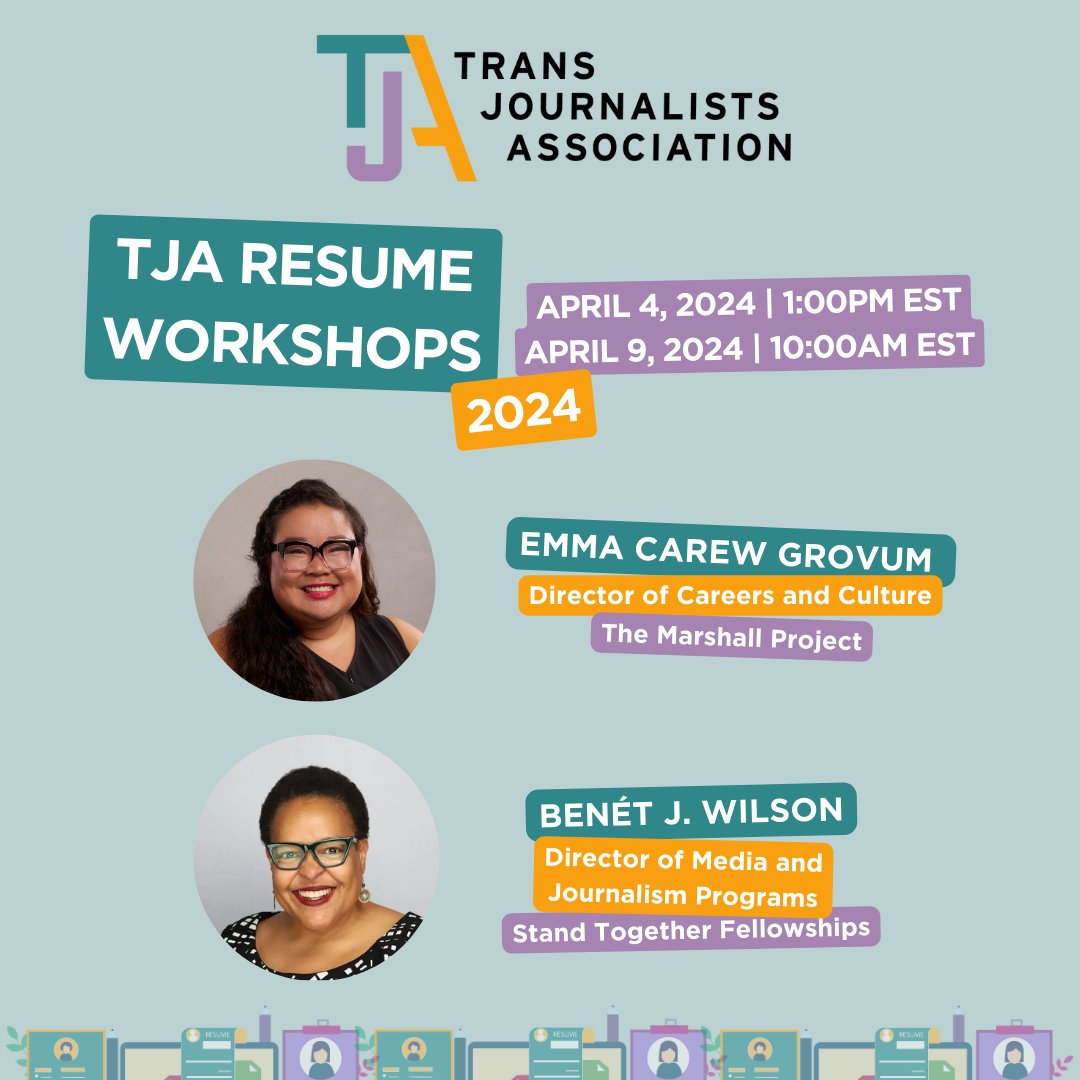 Calling all trans, nonbinary, and gender-expansive journalists! 📷We're excited to be hosting two resume workshops with industry experts Benét Wilson and Emma Carew Grovum. Sign up here: members.transjournalists.org/event-5663189 Not a TJA member yet? Joining is free: bit.ly/join_tja