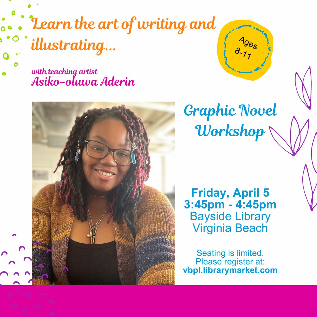 Free workshop teaching kids how to create their own graphic novels. Register here: vbpl.librarymarket.com/graphic-novel-… @VABeachArts @VBPLibrary