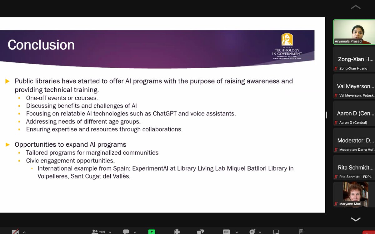 .@CTGUAlbany's @aryamala28 presented to almost 300 participants about #publiclibrary programs that raise awareness & provide technical training on #ArtificialIntelligence in their communities. Recordings from the #aiandlibraries Conference available at library20.com/ai-and-librari…