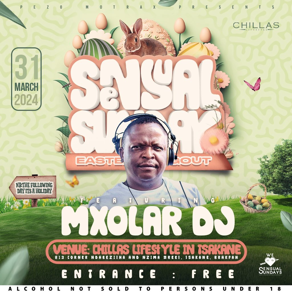 Sensual_Sundays's tweet photo. Sensual Sunday Easter Hangout  😎🍹🥂 

📅 Sunday 31 March 2024 (Next day it’s a public holiday)
📍 Chillas Lifestyle in Tsakane, Brakpan

Featuring: Tshego Da DJ @deejmxolar1 C4 DJ’s @koshered_Soul 

FREE ENTRANCE 

#WeLoveSensualSundays ❤️ https://t.co/TdQVGMQJne