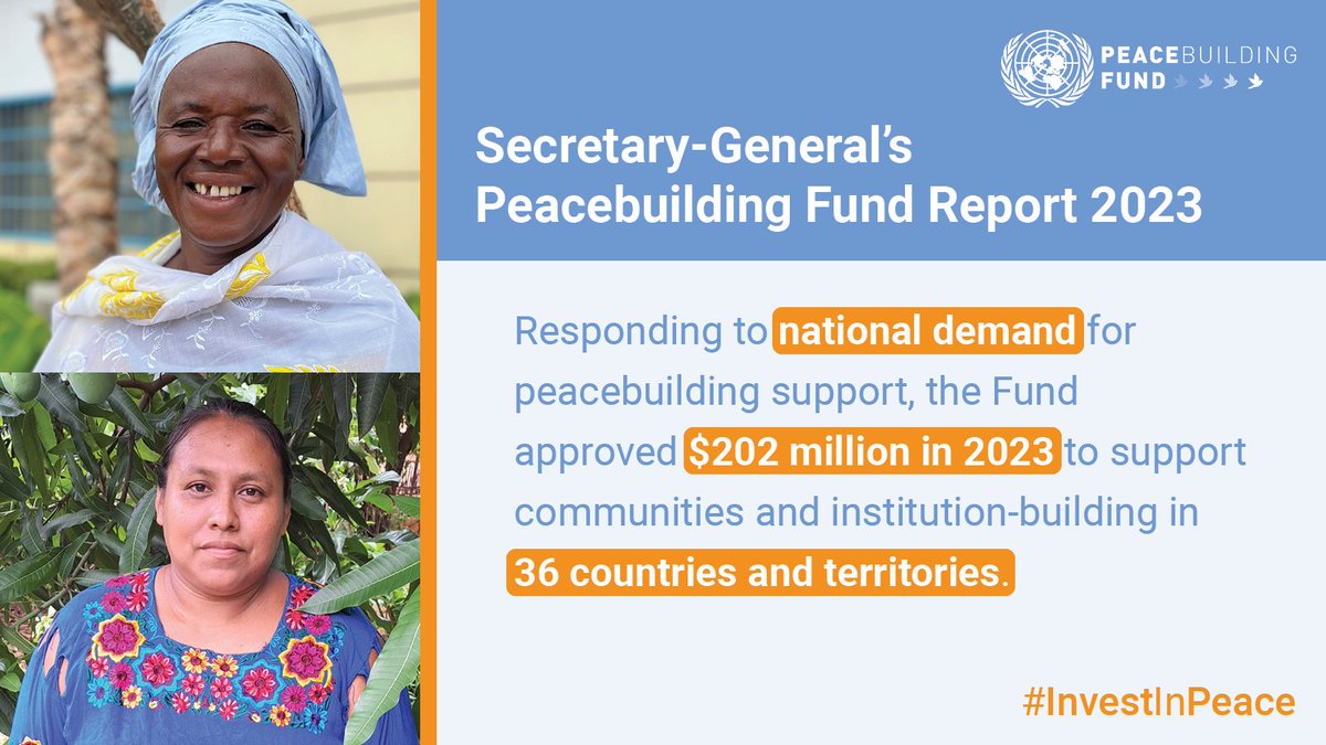 📢Secretary-General's Report on the Peacebuilding Fund 2023
☑️The Peacebuilding Fund approved support amounting to $202 million in 36 countries and territories.
bit.ly/PBFin2023 
#PBFresults 
#InvestInPeace