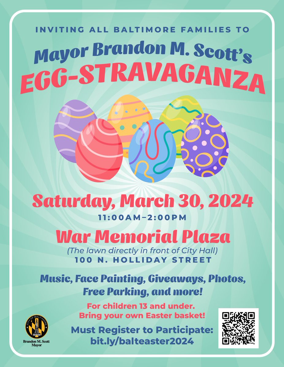 🐰 Hey Baltimore! Join @MayorBMScott for an Easter Egg-Stravaganza! 🌷 Join in on the fun throughout our vibrant city -- there will be face painting, photos, music and more!! 🥚🎉 #CommunityCelebration #Eggstravaganza #BaltimoreSpringBreak2024