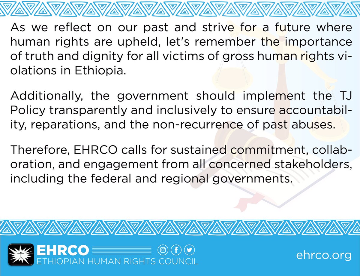 ኢሰመጉ በኢትዮጵያ የሽግግር ፍትህ ፖሊሲ በግልፅ እንዲሁም ሁሉን ባሳተፈ መልኩ እንዲተገበር የሚያደርገውን ውትወታ ይቀላቀሉ። Join EHRCO in advocating for a transparent and inclusive implementation of the TJ Policy in Ethiopia. #RightToTruth#TransitionalJustice