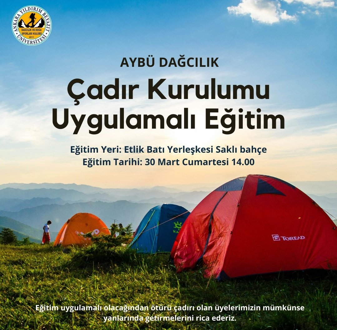 Herkese merhaba! 👋
Eğitimlerimize son hız devam ediyoruz. Bu haftaki eğitimimiz çadır kurma, düzeni ve dikkat edilmesi gereken hususlar olacaktır. Çadırı olanlar getirebilir, olmayanlar kulüp çadırlarını kullanabilirler. 

Tüm üyelerimizi aramızda görmekten mutluluk duyarız🥳