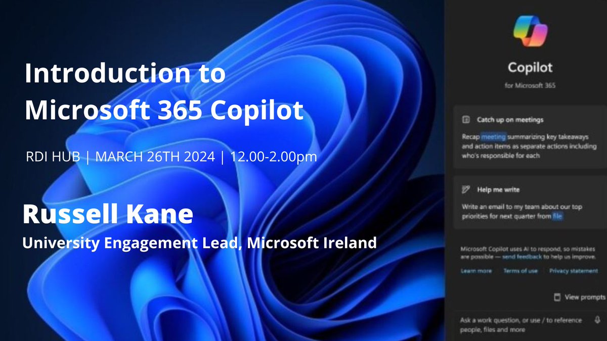 Last chance to register for tomorrow's event - the latest in our series of #AImasterclasses - 'Introduction to Microsoft 365 Copilot' onsite or remote here in the RDI Hub. Event delivered by Russell Kane, University Engagement Lead, @Microsoft Ireland. 🎟️bit.ly/3P6ucJ0