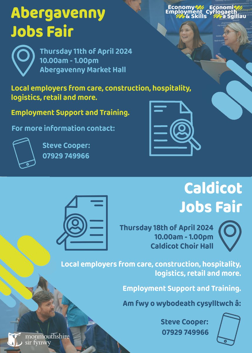 MCC_EES's tweet image. Are you looking for employment options?

Come along to #abergavenny and #caldicot Jobs Fairs.

Please share this post to reach as many residents of Monmouthshire as possible so they don&apos;t miss out on this event!

#employment #jobsfair #JobFair2024 #Monmouthshire