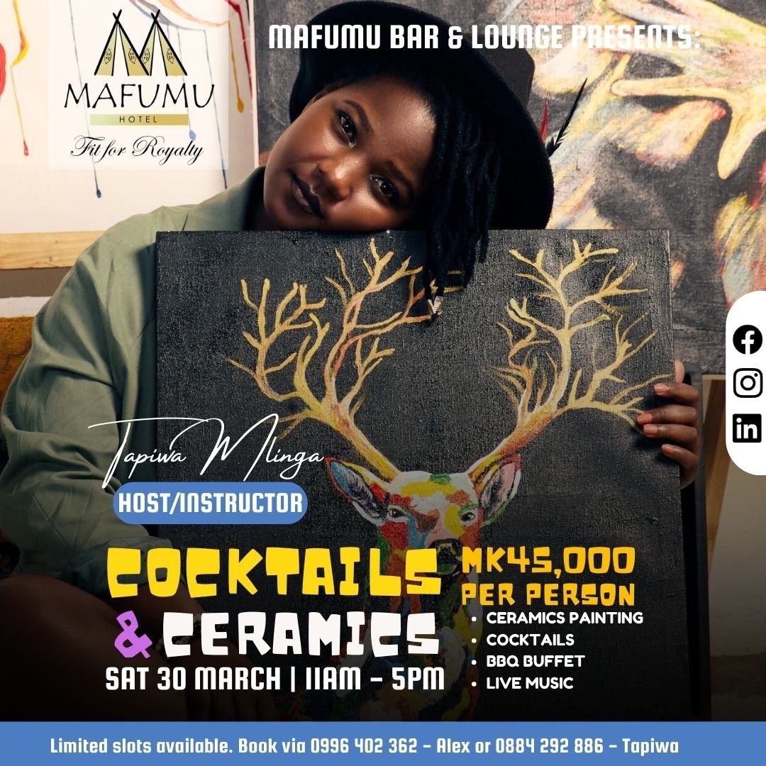 Just in case you need something exciting to do this(Saturday ) we are hosting a Cocktail and ceramics @Mafumuhotel lilongwe,area3 @45000 (ceramics which you will paint and get home, cocktail,BBQ buffet and Live music) 0884282886 for slot Help me repost🖤