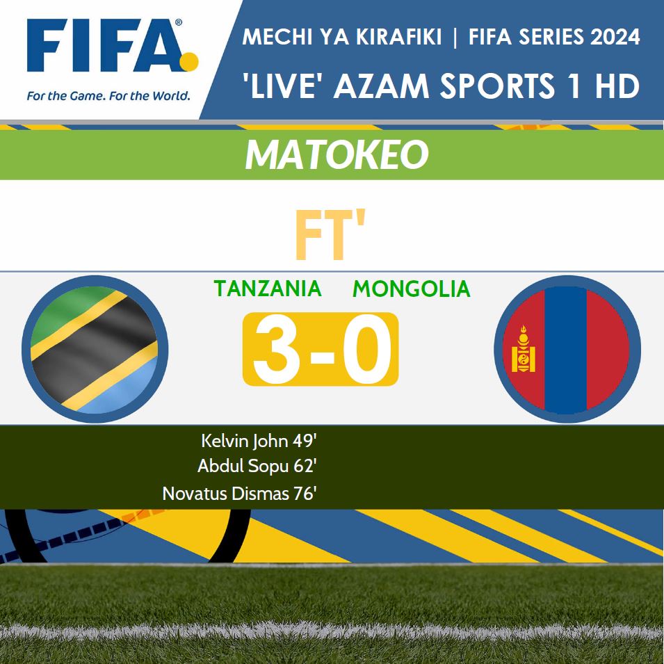 MATOKEO | #FIFASeries2024

FT: Tanzania 3-0 Mongolia 
 
 #FIFA #FIFASeries #FriendlyMatch #InternationalFriendly #MechiYaKirafiki #TanzaniaVsMongolia #Tanzania #Mongolia