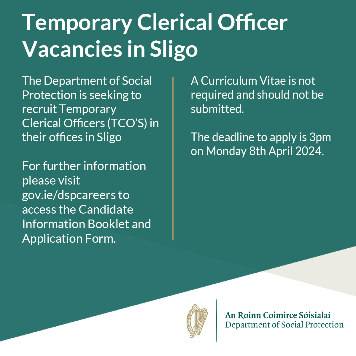 📢Temporary Clerical Officer (TCO) positions based in Sligo @ The Department of Social Protection. ℹ️ Please visit gov.ie/dspcareers to download the Candidate Information Booklet and access the link to apply for the positions.