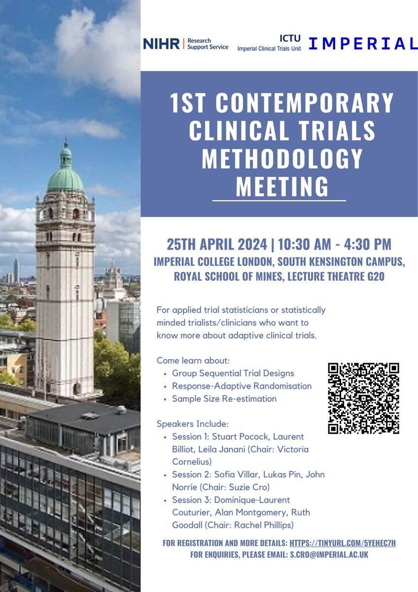 📊Calling all trial statisticians & statistically minded trialists/clinicians curious about adaptive designs!📊 Don't miss the 1st Contemporary Clinical Trials Methodology Meeting from @ImperialCTU & @NIHR_RSS Imperial and Partners Hubs. Register now! imperial.ac.uk/events/174911/…