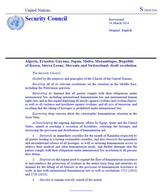 The UN security council has finally passed a resolution calling for an immediate ceasefire in Gaza. The US abstained but did not veto on this occasion. Outrageous it has taken this long and after so many Palestinians have been killed but important now to make it a reality.