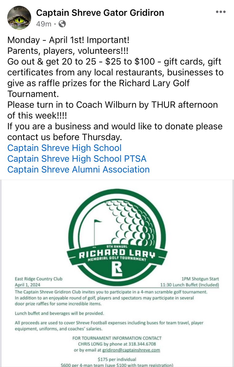 ShreveGridiron's tweet image. Parents, players, volunteers!!!
Need 20 to 25 gift cards/gift certificates range of $25 to $100 from local restaurants, businesses to give as raffle prizes for Richard Lary Golf Tournament.
Turn in to Coach Wilburn by THUR afternoon of this week!!!!
@CSHS_PTSA
@CSHSGators