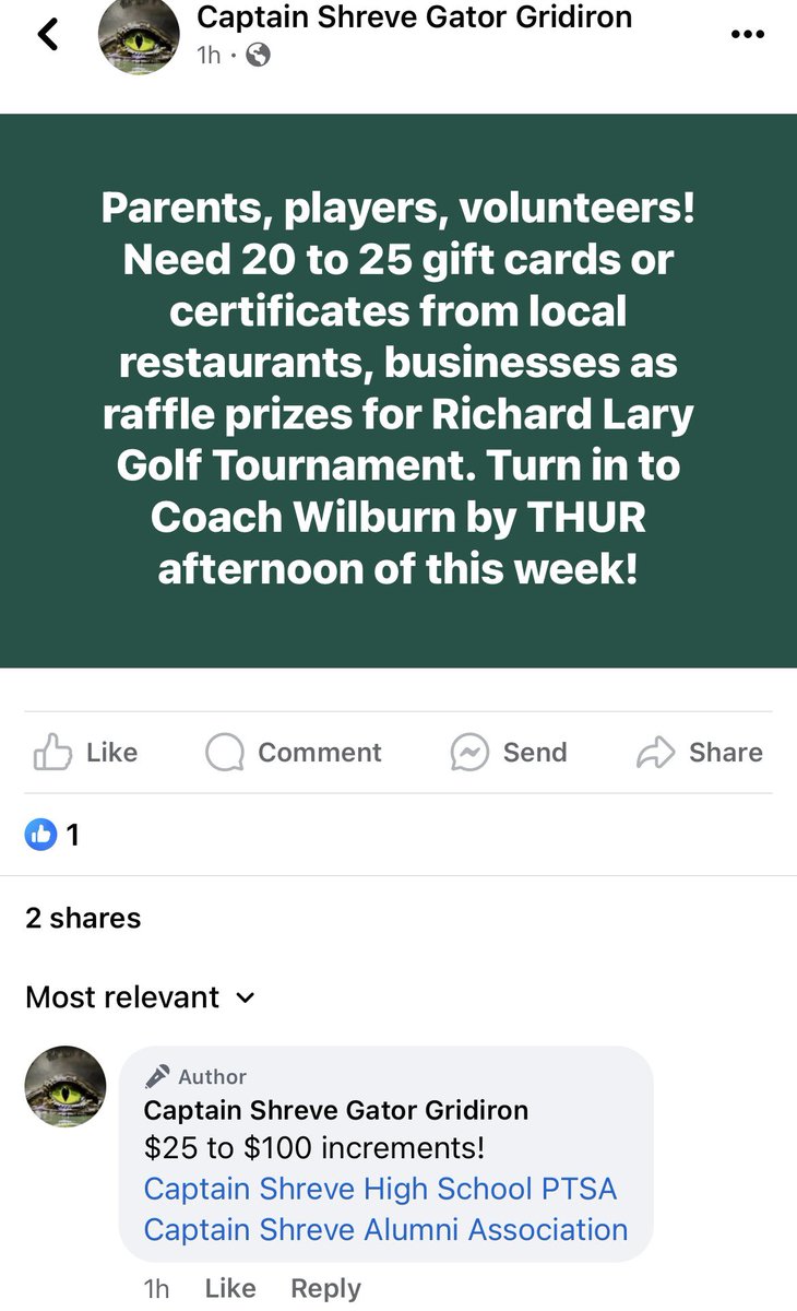 ShreveGridiron's tweet image. Parents, players, volunteers!!!
Need 20 to 25 gift cards/gift certificates range of $25 to $100 from local restaurants, businesses to give as raffle prizes for Richard Lary Golf Tournament.
Turn in to Coach Wilburn by THUR afternoon of this week!!!!
@CSHS_PTSA
@CSHSGators