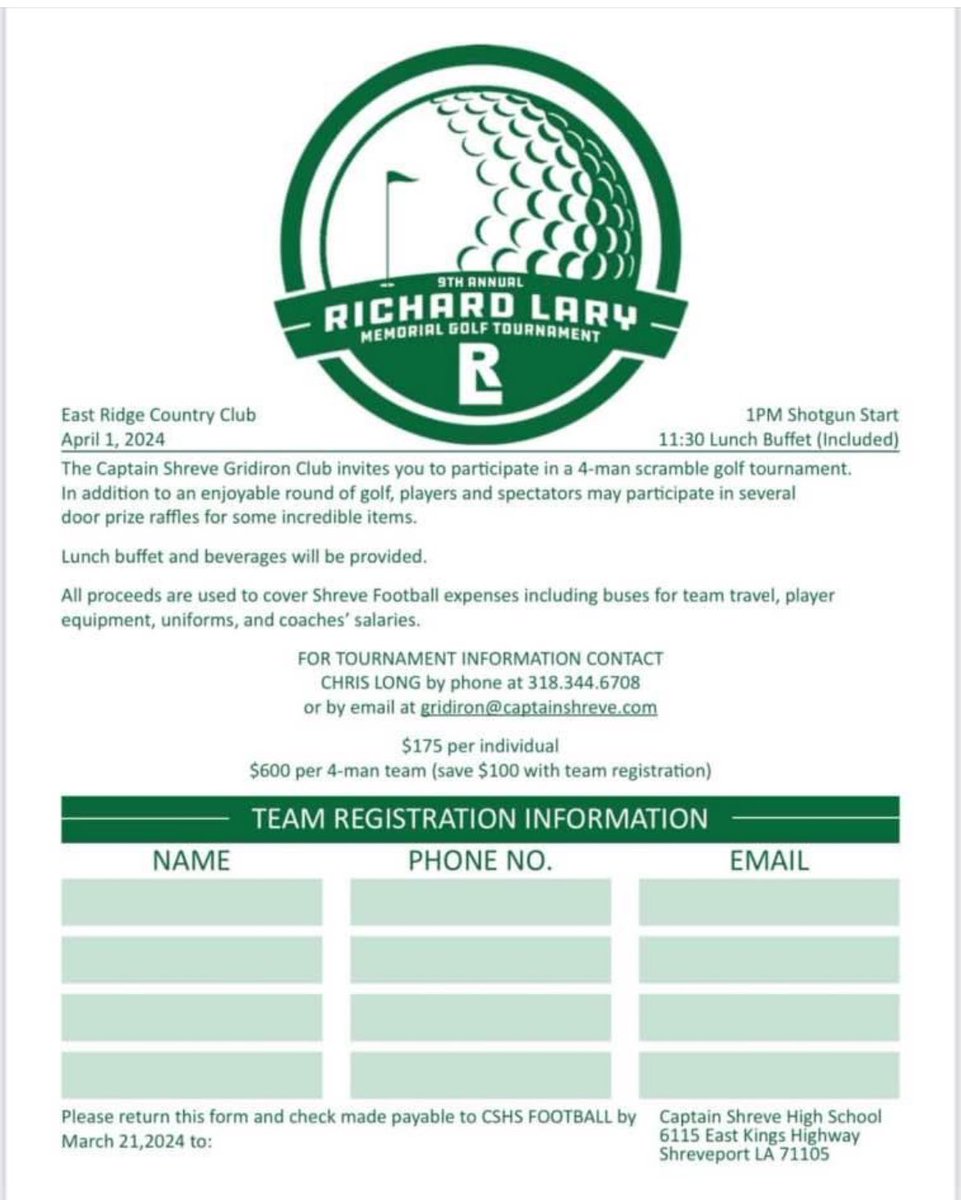 ShreveGridiron's tweet image. Parents, players, volunteers!!!
Need 20 to 25 gift cards/gift certificates range of $25 to $100 from local restaurants, businesses to give as raffle prizes for Richard Lary Golf Tournament.
Turn in to Coach Wilburn by THUR afternoon of this week!!!!
@CSHS_PTSA
@CSHSGators