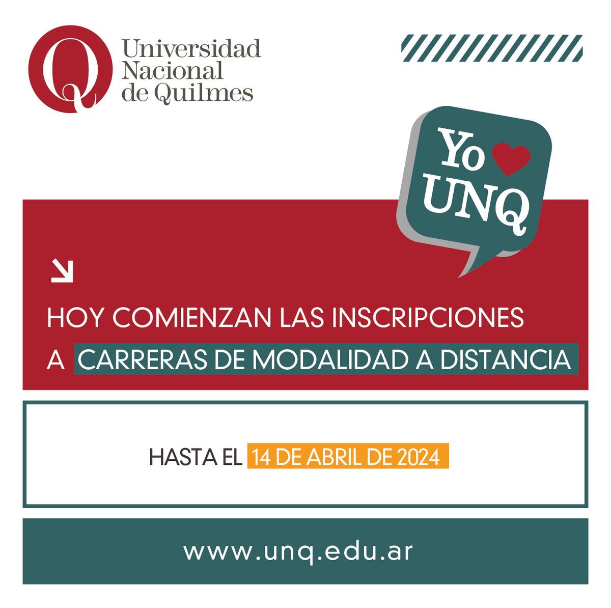 💬 ¡Hoy comienzan las inscripciones a carreras de la modalidad a distancia!

📌 Podés inscribirte hasta el 14/04/2024.

📝Te recomendamos leer cuidadosamente la guía de inscripción, previo al inicio del proceso👇👇
bit.ly/3TxBRBR