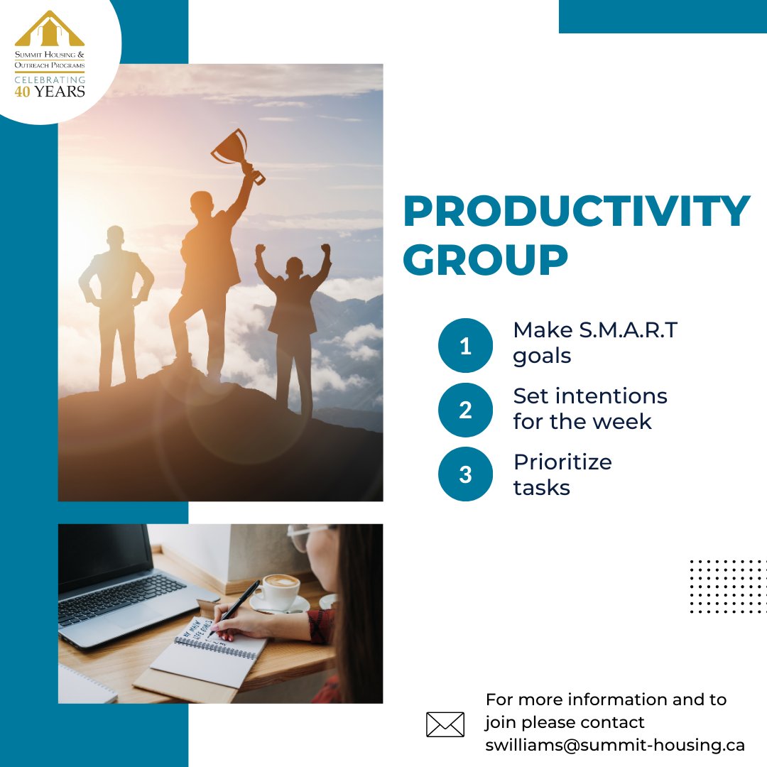 Looking to boost your productivity and achieve your dreams? 🚀 Join our weekly productivity sessions every Thursday from 2:00 - 3:30 p.m. and learn how to make goals, set intentions, & prioritize tasks effectively. 📅  
#Productivity #SMARTgoals #StayOrganized #WeeklyPlanning