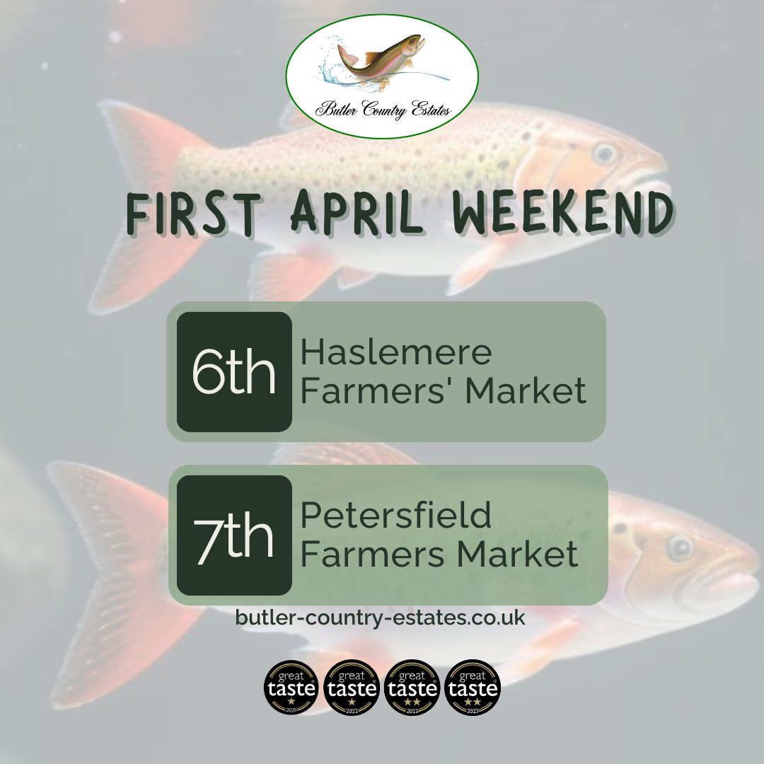 Catch us at 2 wonderful upcoming markets for the first week of April! Saturday 6th April ⭐️ Haslemere Farmers' Market 10:00 am – 2:00 pm Sunday 7th April ⭐️ Petersfield Farmers Market 10:00 am – 2:00 pm We can't wait to see you! 🐟💚🎣 #smokedtroutpate #freshsmokedtroutpate