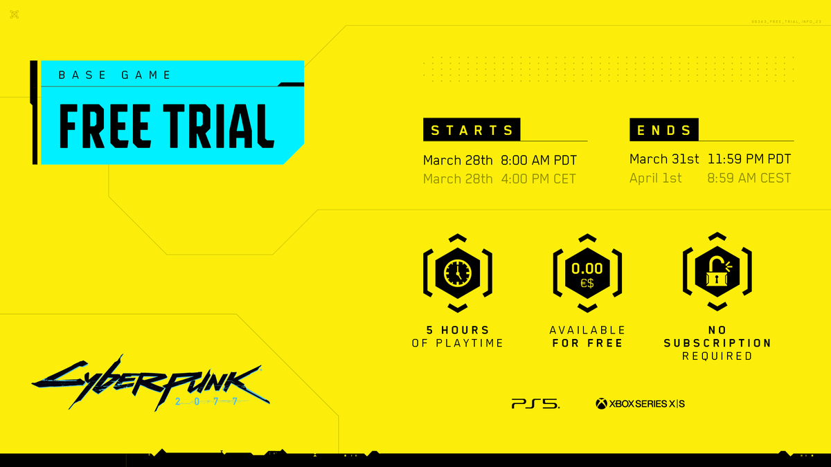 CyberpunkGame's tweet photo. Try out #Cyberpunk2077 for free!

Get a taste of Night City in a free trial coming soon to @PlayStation 5 and @Xbox Series X|S. Deets below 👇 https://t.co/CTcs2Sm3ZJ
