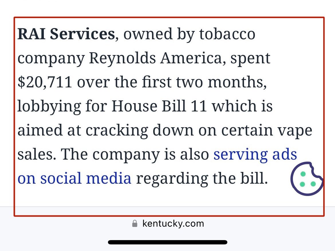 The sponsor of HB 11 said in committee that “big tobacco doesn’t like this bill”. But… the lobbyist spending report tells a different story. 👀 Kentucky’s Republican Supermajority should NOT be picking winners and losers by banning products that are already illegal for minors…