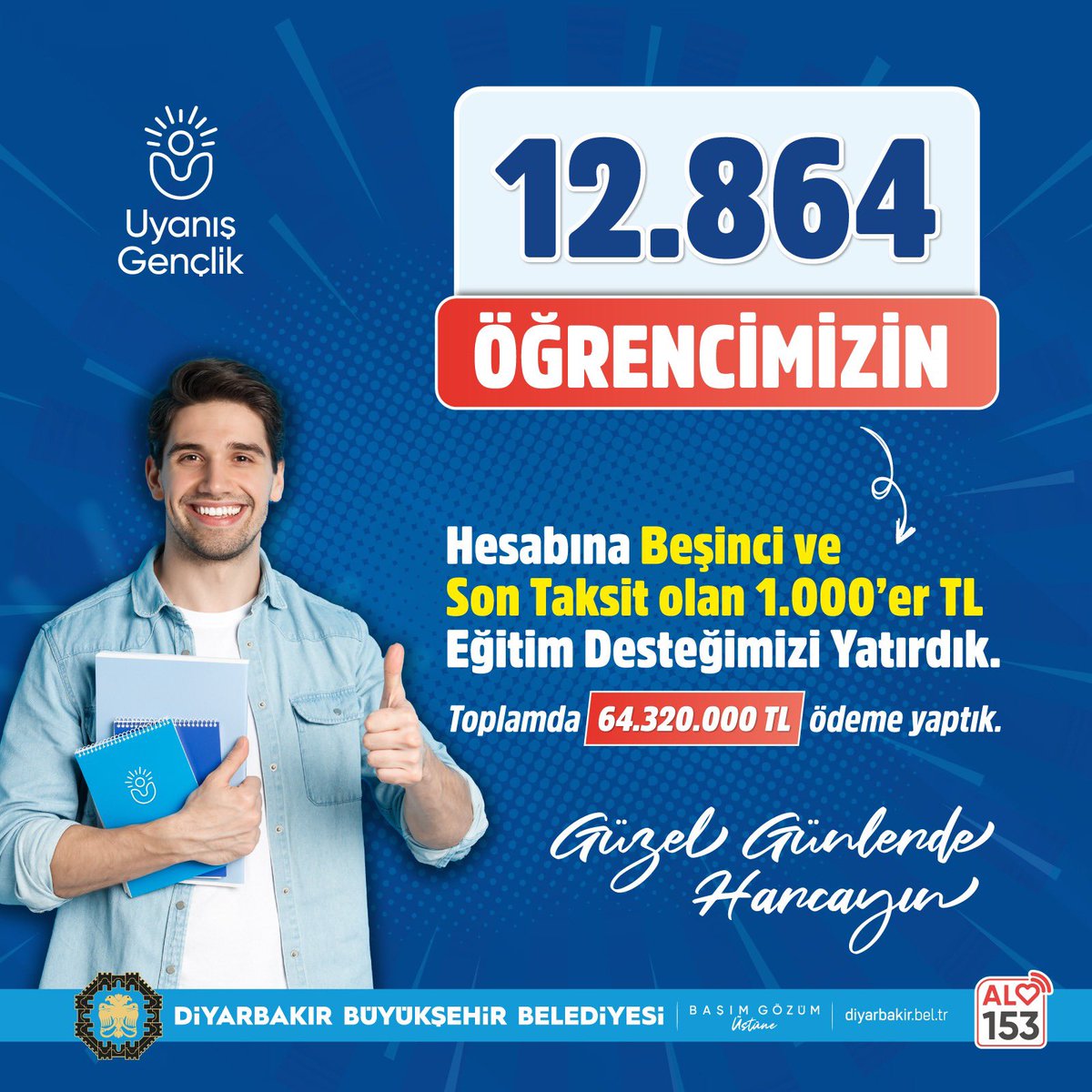 abdullahciftci7's tweet photo. 12.864 öğrencimize 5. taksit olan 1000’er  liraları hesaplarına  yatırdı..  Üniversite öğrencilerine bu yıl toplamda 64.320.000 TL eğitim desteği sağlamış olduk…  Öğrenci dostu belediyecilik anlayışı ile gençlerimizin yanında olamaya devam edeceğiz…
#DiyarbakırBüyükşehirBelediyesi