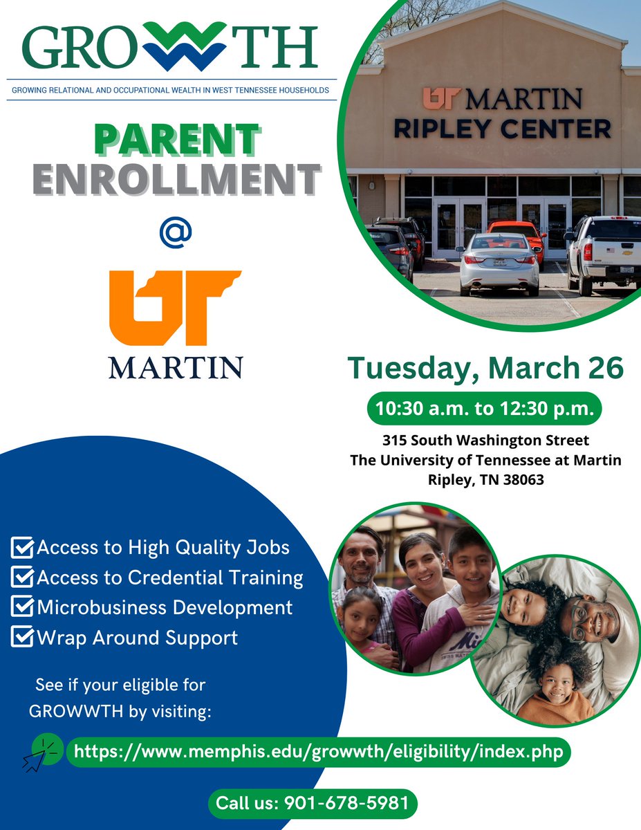 Lauderdale County parents, we'll see you tomorrow at UT University of Tennessee at Martin- Ripley Center!

#growwth #uofmemphis #westtennessee #Parents #supportingparents #workforcereadiness #jobstability #jobseekers