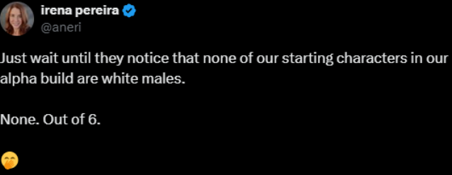 TheQuartering's tweet photo. Former blizzard developer bragging her new game features no white male characters.  Hey, that's totally fine but since "representation matters" I am told, I guess I just don't see myself in this game so I won't be buying it. https://t.co/nA04Qn6zVa