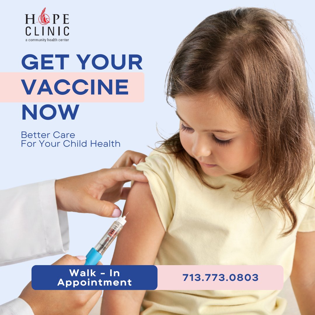 'Protect your family and community! Get vaccinated today at HOPE Clinic. Walk-in or schedule an appointment at 713-773-0803. With 5 convenient locations: ✅HOPE Aldine ✅HOPE Aldine Meadows ✅HOPE Beltway ✅HOPE West ✅HOPE Alief #VaccinesSaveLives #HealthyFamily #HOPEClinic