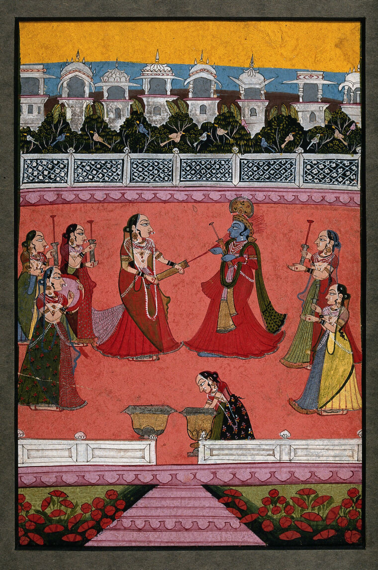 Krishna outnumbered! Painting by a Rajput artist, 19th Century, now in @ExploreWellcome London. Have a closer look here: wellcomecollection.org/works/qnk8qaq2 Happy Holi!