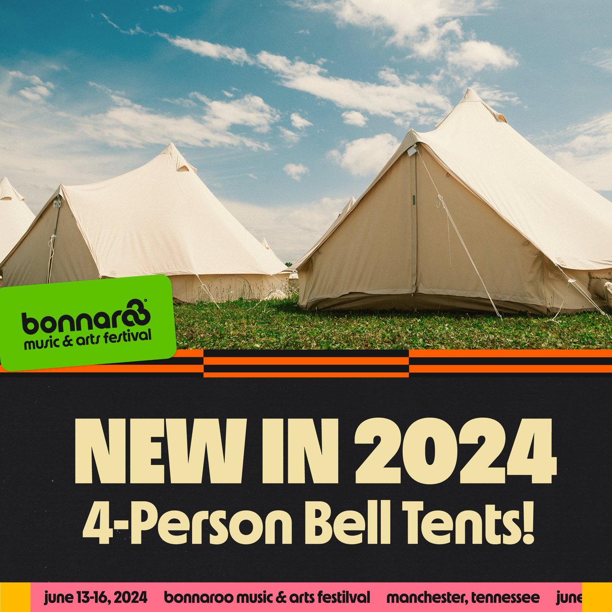 get the best of roo for you & your crew with a 4-person bell tent (& save some $ splitting it 4 ways!) 💫 ⛺️ 4 cots with souvenir sleeping bags & pillows ❄️ AC unit 🔌 outlets 🔒 combo lock 🚙 moon colony tollbooth for faster entry to the farm + more! bonnaroo.com/accommodations