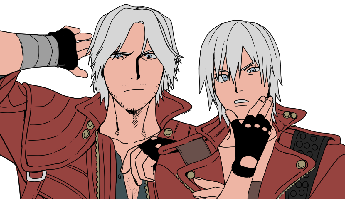 dante (devil may cry) looking at viewer blue eyes simple background white background gloves white hair male focus  illustration images