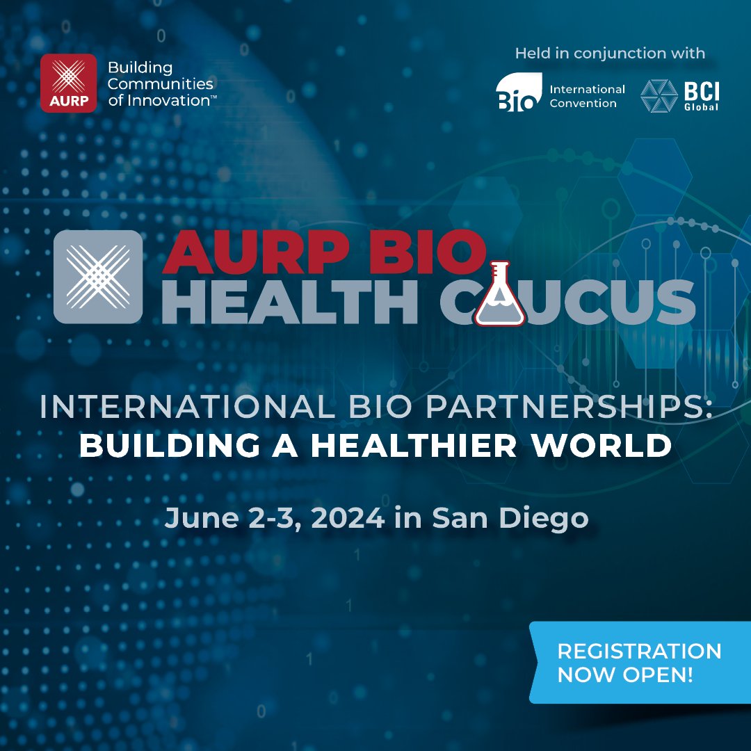 #AURPinAction: AURP hosts its 2024 BIO Health Caucus (6/2-3, San Diego) on 'International Bio Partnerships: Building a Healthier World,' taking place before @IAmBiotech #BIO2024 begins! Register: bit.ly/2WOtmEO #Biotech #Biohealth #ResearchParks #BuildingtheAURPNetwork