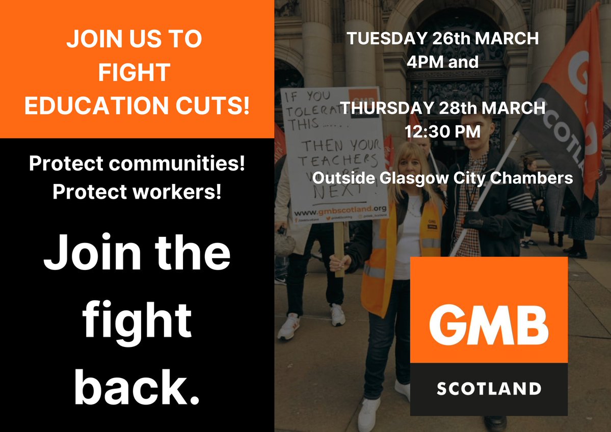 Glasgow GMB (@gmbglasgowcc) on Twitter photo We're going back to the Chambers.
Glasgow Education Branch will be attending demonstrations alongside <a href="/GCParentsGroup/">Glasgow City Parents Group (GCPG)</a> to oppose further cuts across the City, taking the lead on the lunchtime slot on Thursday, where our Lead Rep, Sean will be speaking.
Join the fight back! We're going back to the Chambers.
Glasgow Education Branch will be attending demonstrations alongside <a href="/GCParentsGroup/">Glasgow City Parents Group (GCPG)</a> to oppose further cuts across the City, taking the lead on the lunchtime slot on Thursday, where our Lead Rep, Sean will be speaking.
Join the fight back!