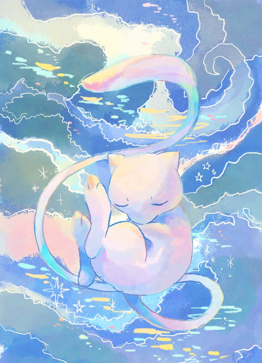 mew (pokemon) solo full body closed eyes cloud water pokemon (creature) sparkle  illustration images