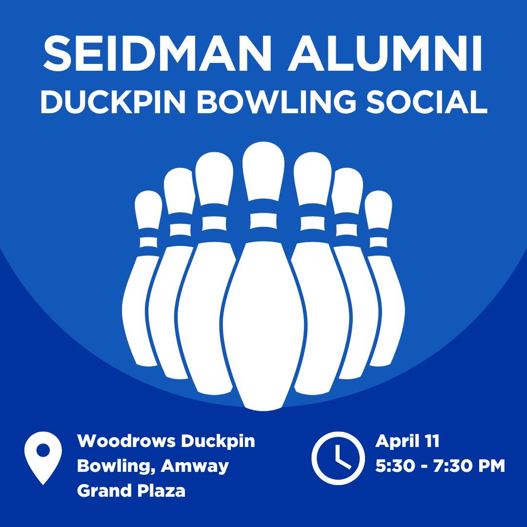 Join the Seidman Alumni Network at Woodrows Duckpin Bowling on April 11 at 5:30 p.m. This is a great opportunity to meet other Seidman alumni, enjoy FREE food, and have fun! See you there. 🎳💫 RSVP By April 9 at gvsu.edu/s/2Er