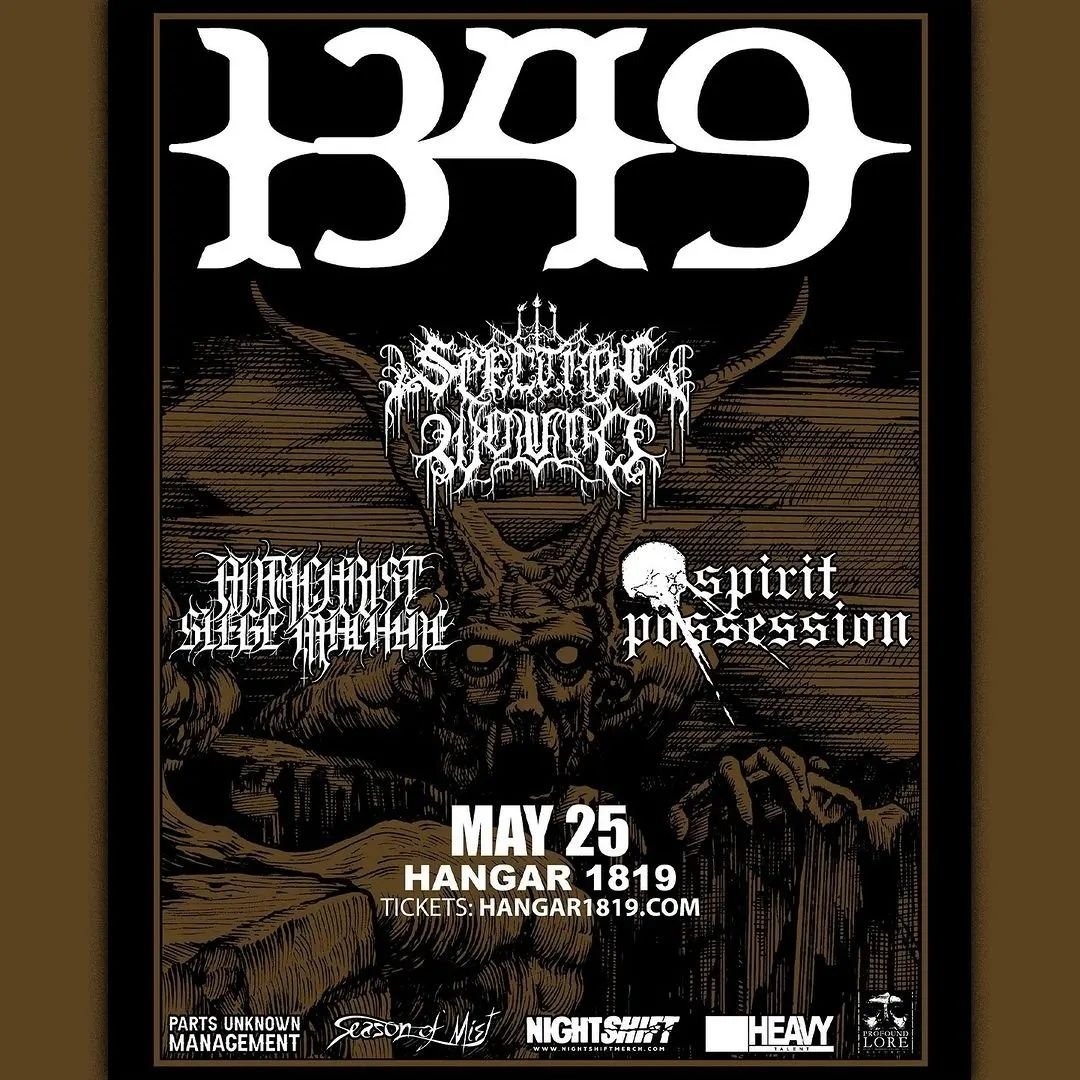 REMINDER from @hangar.1819 : '1349 with support from Spectral Wound, Antichrist Siege Machine, and Spirit Possession at Hangar 1819 - 5/25/24 🎟️ Tickets on sale NOW at:' fanimal.com/fanimal-event/… DO NOT MISS IT. Artwork by @jordanbarlowart