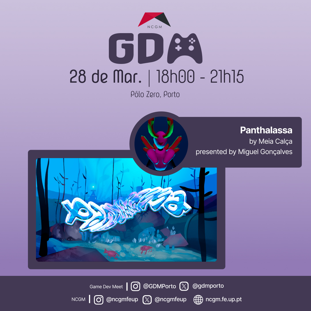 Anunciamos mais uma apresentação da próxima GDM! Panthalassa é um jogo de aventura point and click subaquático que será apresentado por Miguel Gonçalves do estúdio Meia Calça! #gamedev #ncgm #feup #porto #gamedevmeet