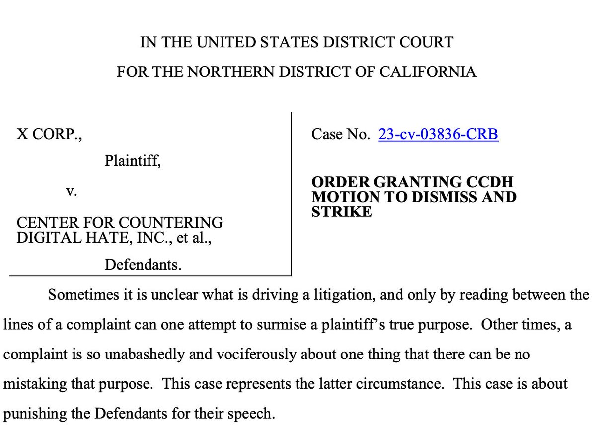 X's case against the CCDH is dismissed, with the judge ruling that the suit was intended to punish CCDH for free speech