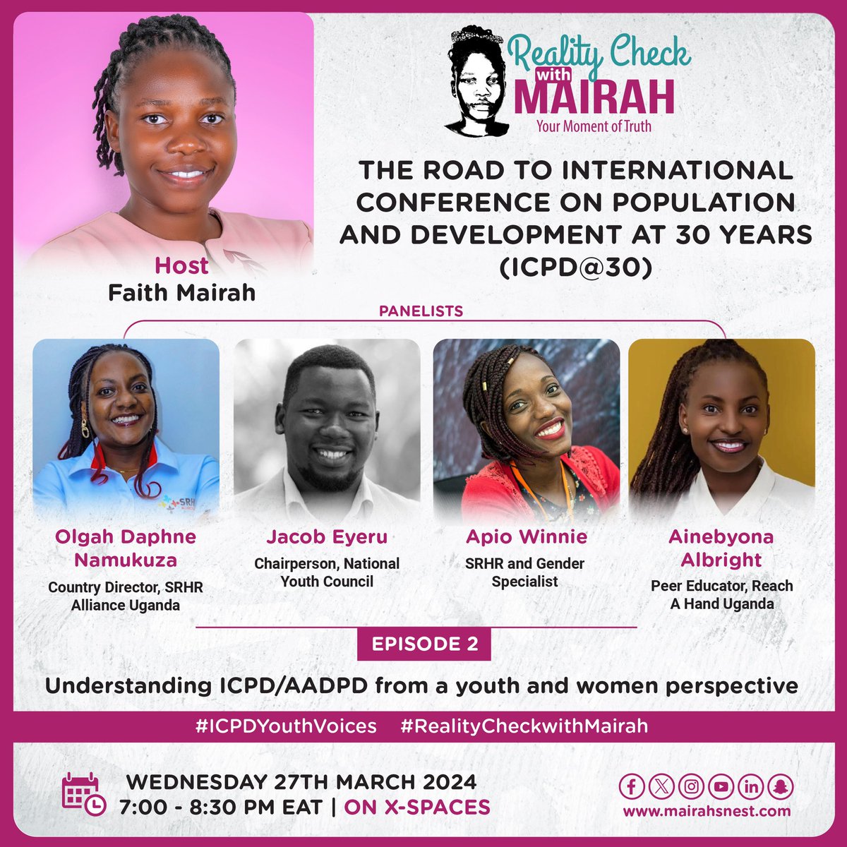 Fmairah1's tweet photo. Have you ever wondered what ICPD or AADPD stands for? What comes to your mind when you hear it or are you hearing about for the first time?
Wonder no more, #RealityCheckwithMairah is back, bigger and better to dissect these two documents to you in a youthful way. Join us this Wednesday March 27th, 2024 from 7:00pm to 8:30pm.
I will be hosting @Jacobeyeru - Chairperson @NYCofUganda , @Auntie_Olzz - Country Director @SRHRAllianceUg , @Albright - Peer Educator @reachahand and @waiting_drApio an SRHR and Gender Specialist.
Set reminder here: https://t.co/o6gorQEkbJ
#ICPDYouthVoices
@YALIRLCAlumniUg @YALIRLCEA @YALI4AFRICA @UNFPAUganda @RHUganda @GeorgeKosimbei @ChantalA_ug