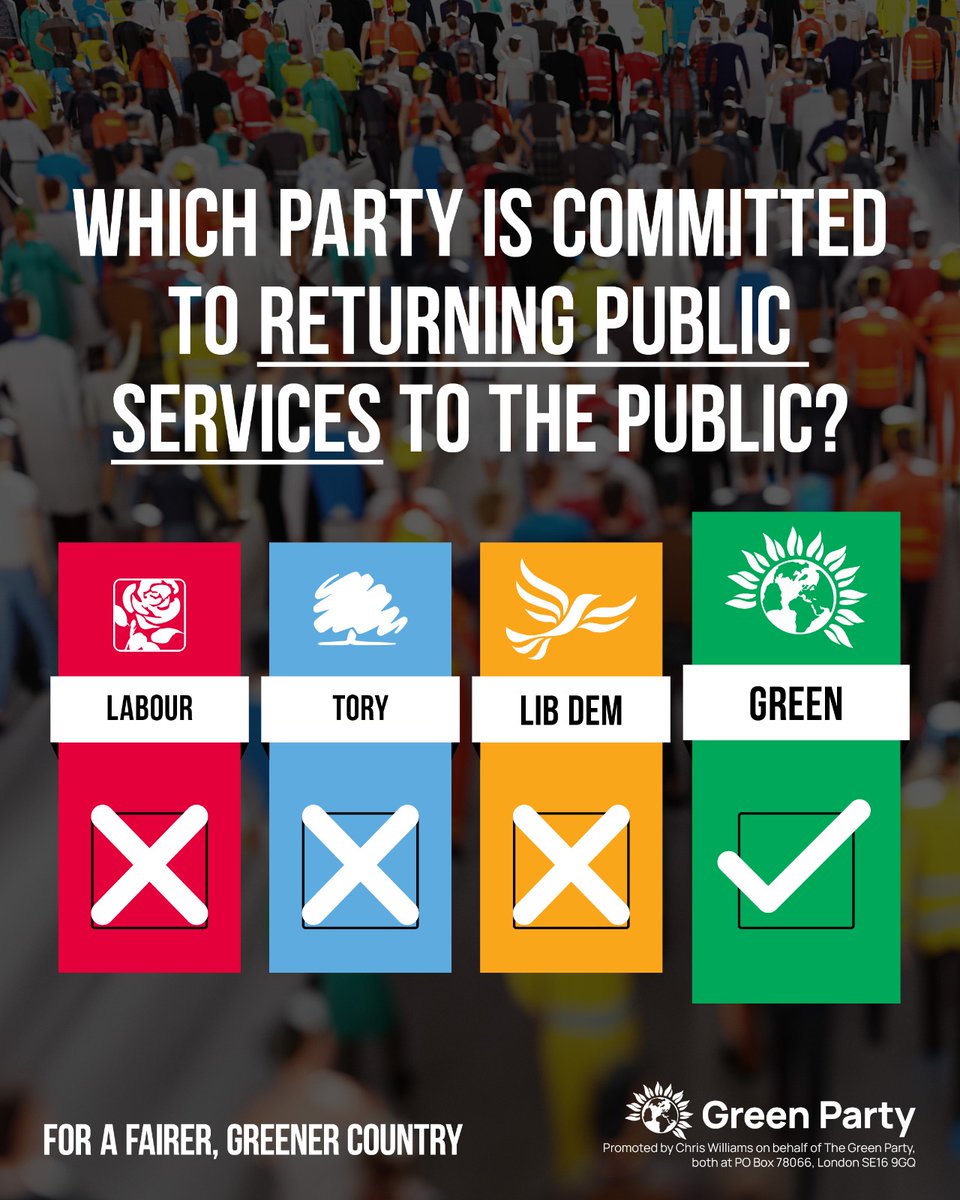 👎 Our rivers are full of sewage, our schools are crumbling, and our NHS is at breaking point. ❌ Lack of investment by successive governments is devastating our public services. 💚 The Green Party is clear: public services should be run for people, not profit.