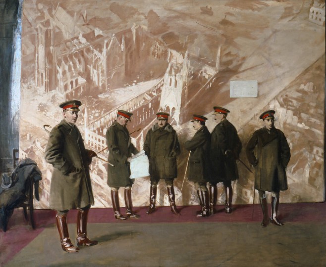 This painting by British artist Sir William Nicholson depicts five Canadian generals and one major of the First World War standing unposed in front of a mural of the bombed Ypres Cathedral and Cloth Hall. #CanadianHistory #FirstWorldWar #WW1 #MilitaryHistory