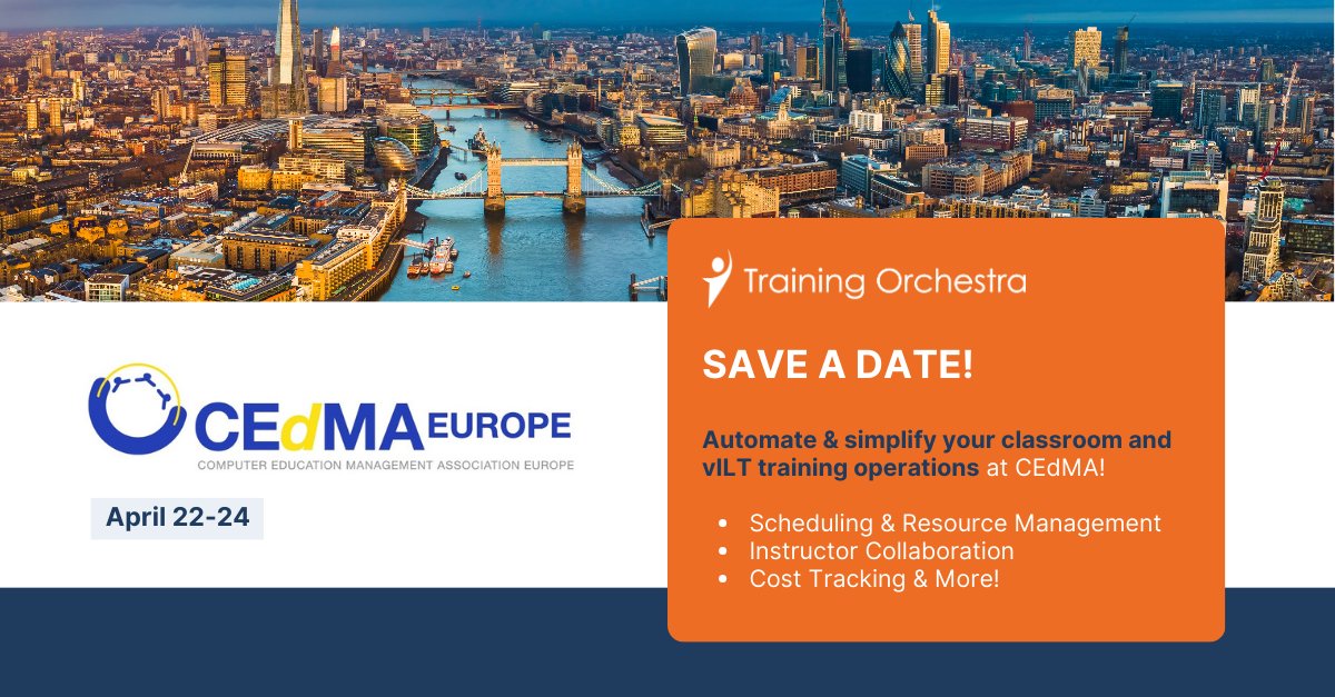 📅 SAVE THE DATE! 📅 Find out how to automate & simplify your classroom and vILT training operations at CEdMa Europe! - Scheduling & Resource Management - Instructor Collaboration - Cost Tracking & more! #TrainingOperations #TrainingManagement #ILT #vILT #TMS #LMS #CedmaEurope