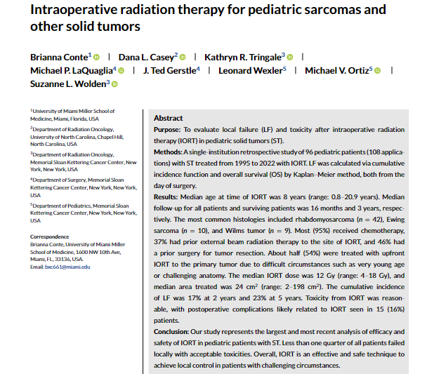 New in @ASPHO_hq:  This #MSKkids study represents the largest & most recent analysis of efficacy & safety of IORT in pediatric solid tumors. 5yr local failure was only 23% and 16% had postoperative complications likely related to IORT. #pedcsm
onlinelibrary.wiley.com/doi/10.1002/pb…