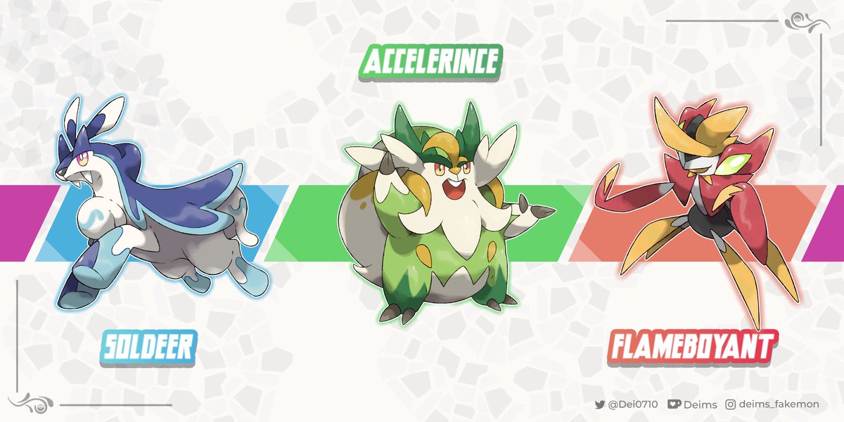 Your first partner Pokémon have evolved! Introducing: Accelerince, the Counsel Pkmn 🤴🐿️🌿 Flameboyant, the Minstrel Pkmn 🖋️🔥 Soldeer, the Water Deer Pkmn ⚔️🦌🌊 More info about each one coming soon! Stay tuned #Snova x.com/Dei0710/status…