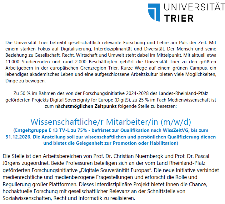 Interesse an Forschung zu Regulierung/Meinungsbildung auf Plattformen wie X? Dann suchen wir Dich! uni-trier.de/fileadmin/orga… (1/3)