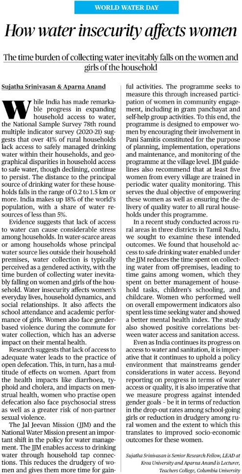 ICYMI: #WorldWaterDay 🏘️💦🧕 Read this insightful piece by Sujatha Srinivasan & Aparna Anand on how water insecurity affects women in rural India, drawing on insights from a recent study by LEAD in rural Tamil Nadu. lnkd.in/gdMawEC6