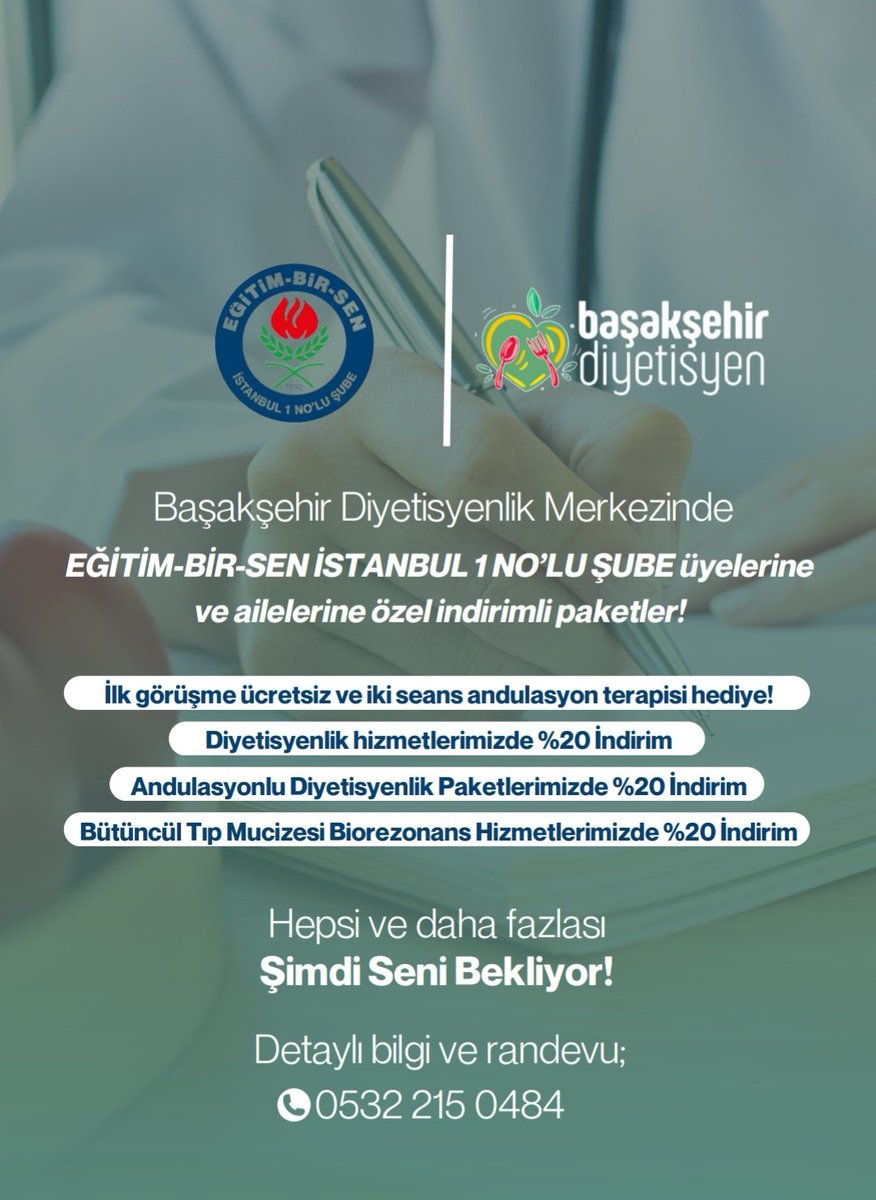 Eğitim Bir Sen İstanbul 1 nolu şube üyelerine ve 1.derece yakınlarına özel indirim anlaşmamız yapılmıştır. Üyelerimize hayırlı olsun.