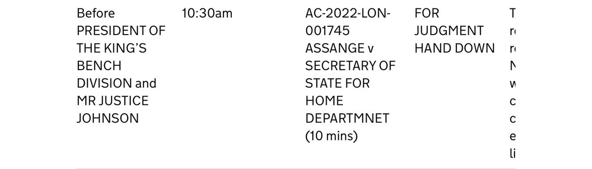 🚨BREAKING: The decision on Julian Assange's appeal against extradition to the US will be handed down at 10:30am tomorrow. Assange faces up to 175 years in a US supermax prison for publishing evidence of war crimes.