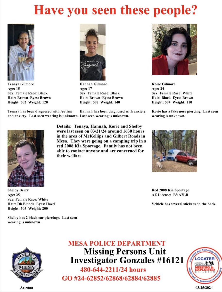 4 people disappear traveling to family camping trip in Payson, Arizona from Mesa, Arizona Tenaya Gilmore, Hannah Gilmore, Korie Gilmore and Shelby Berry were last seen leaving for a family camping trip. They never arrived. Four young people are missing after leaving Mesa for a…